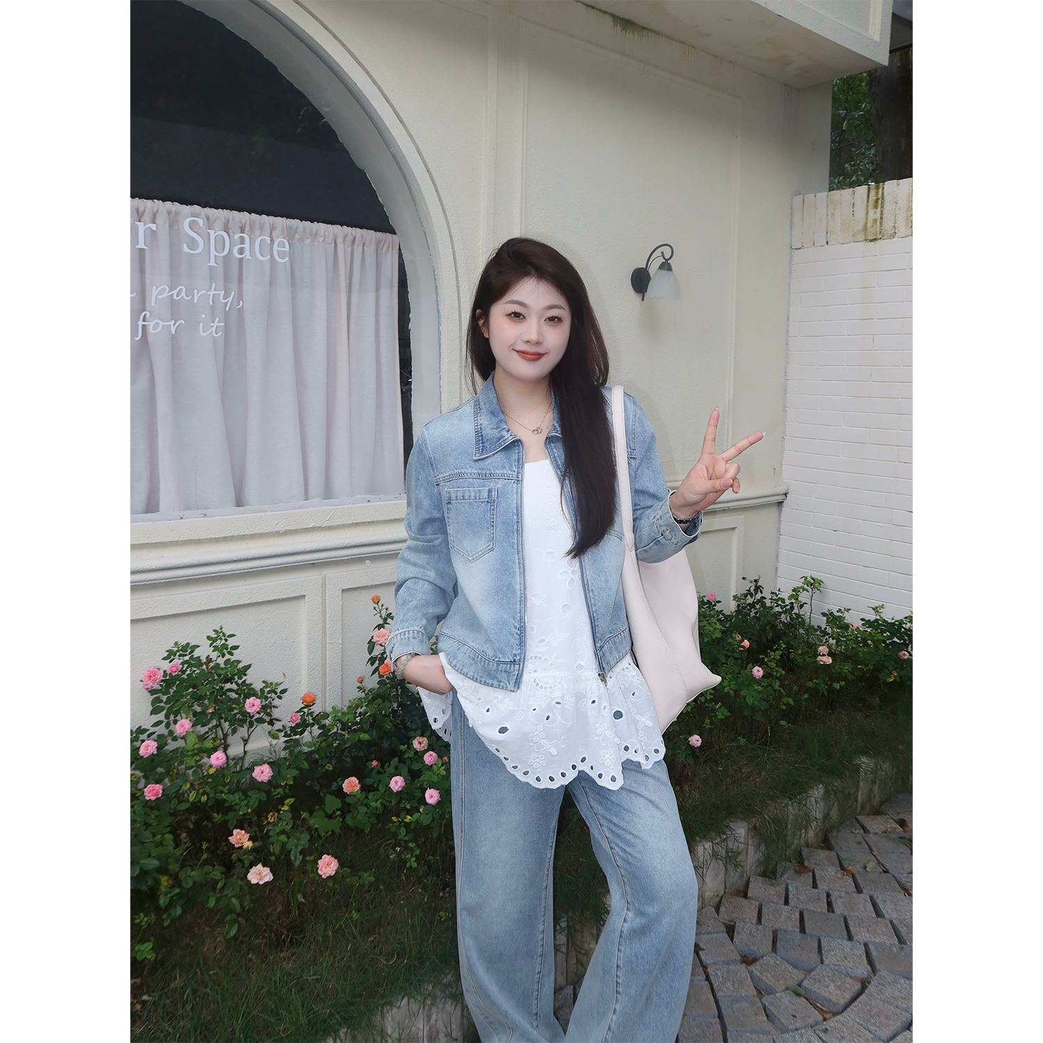 裂渡宣宣【冰盐牛仔】微胖大码女秋时尚ins外套+牛仔裤套装ZY503A47