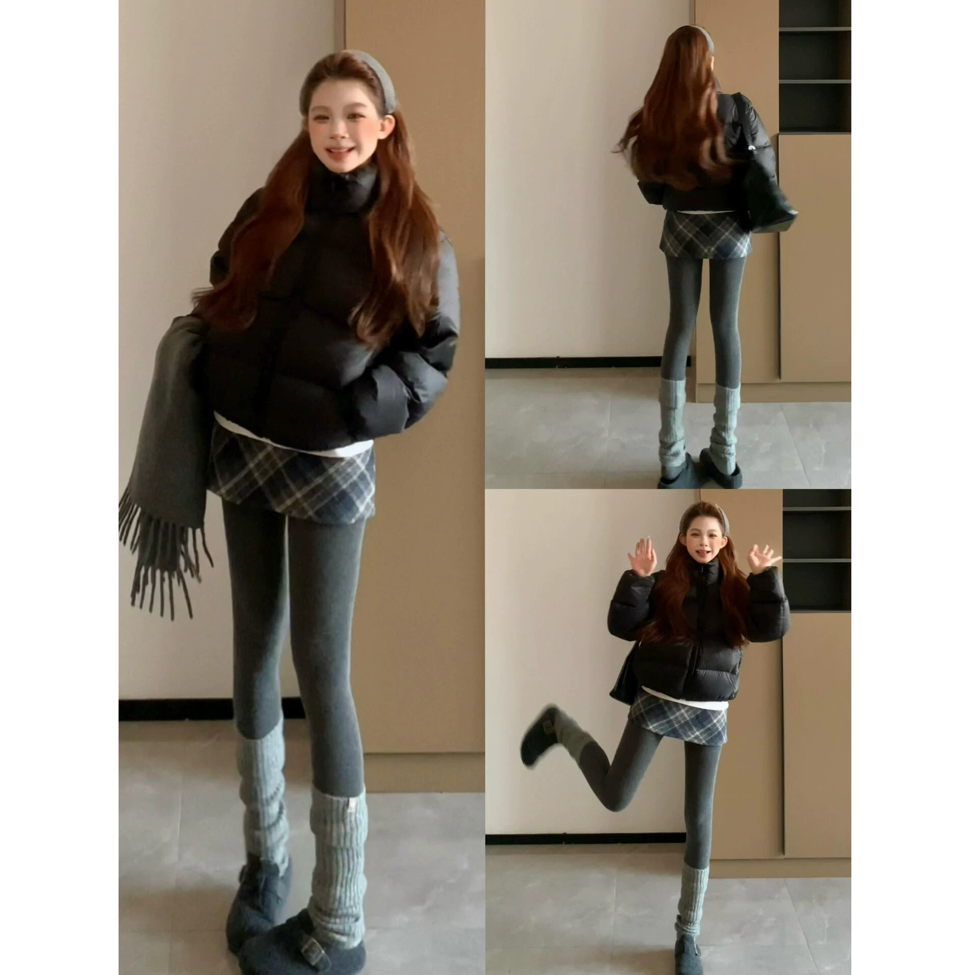 灰色格子毛呢半身裙加绒打底裤套装女秋冬穿搭修身外穿紧身瑜伽裤