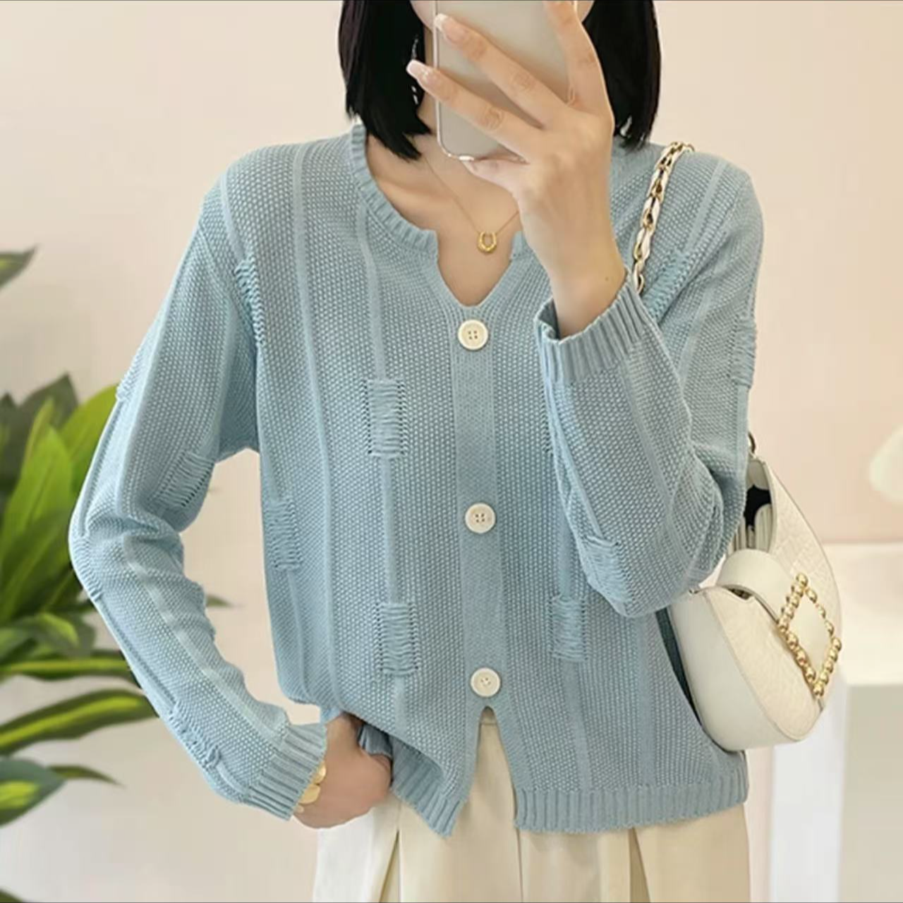 上下开叉破洞剪刀领慵懒风针织衫秋季新款上衣宽松韩版外穿毛衣女