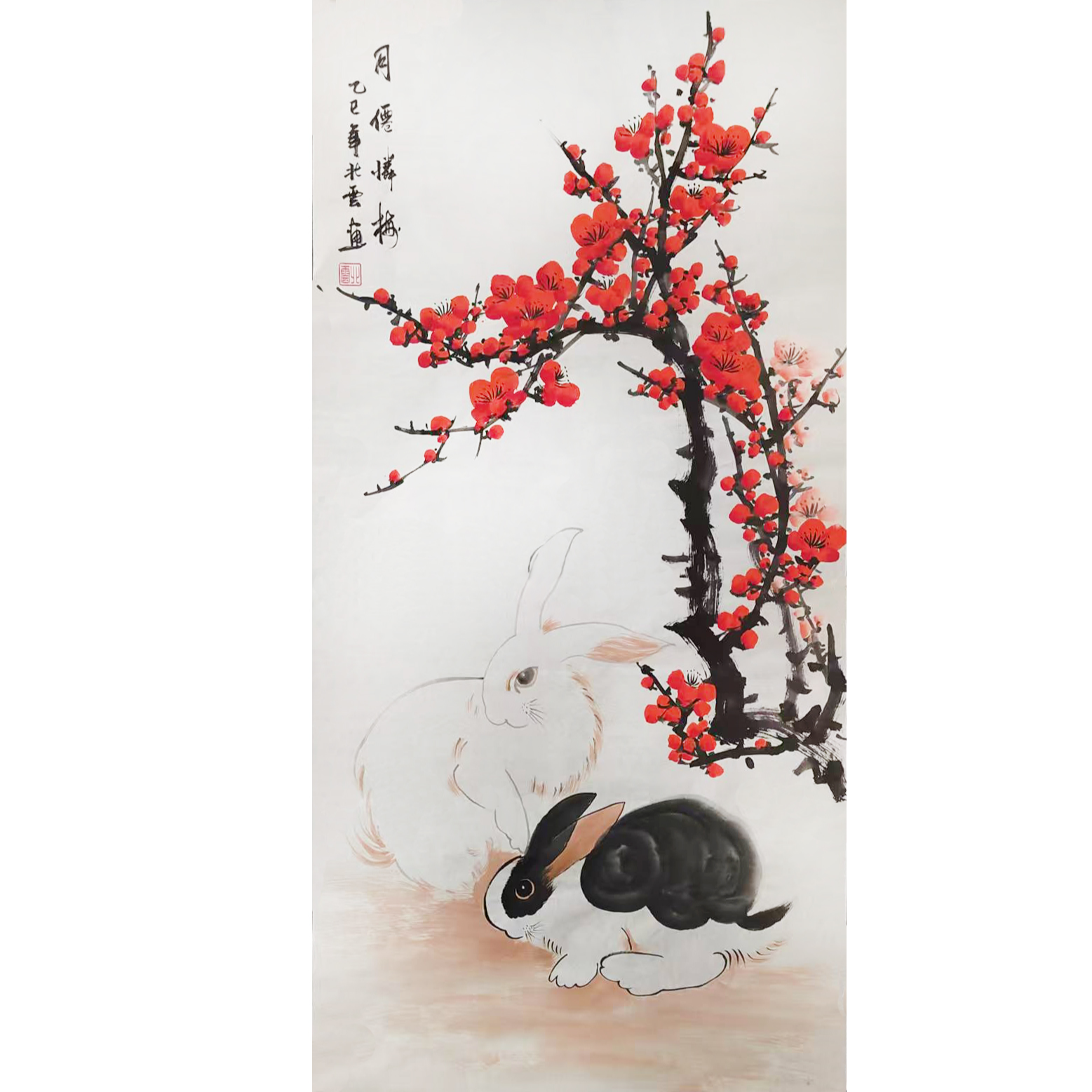 月仙怜梅 三尺手绘国画梅花兔子玄关过道走廊办公室装饰50x100cm