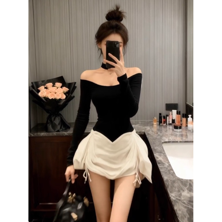 韩版黑色修身一字肩露肩长袖纯欲连衣裙【下裙为抽绳需自行调整】