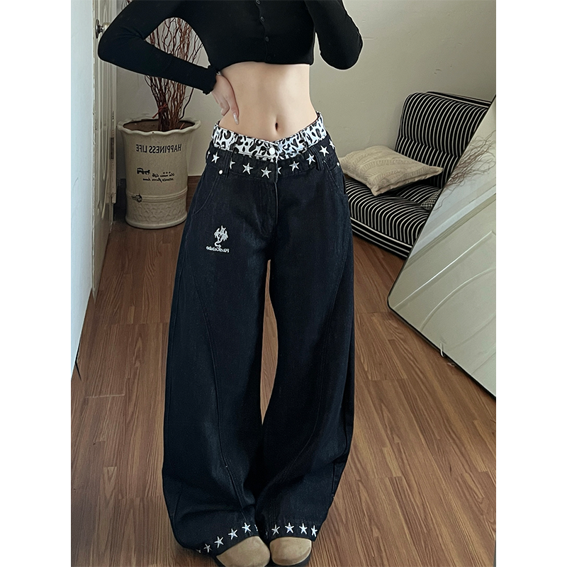 黑色豹纹拼接假两件牛仔裤裤子女款2026春季新款辣妹星星印花长裤