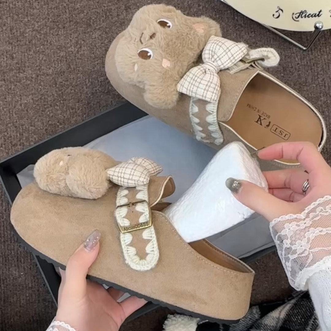 可爱卡通少女心蝴蝶结小熊包头鞋女2025秋季新款森系复古百搭拖鞋