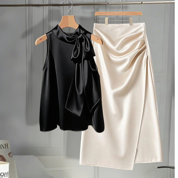夏季气质高级感套装黑色显瘦蝴蝶结无袖上衣时尚褶皱不规则半身裙