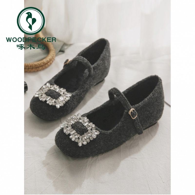 啄木鸟内增高玛丽珍鞋女秋冬2025法式毛毛鞋女外穿水钻加绒单鞋女