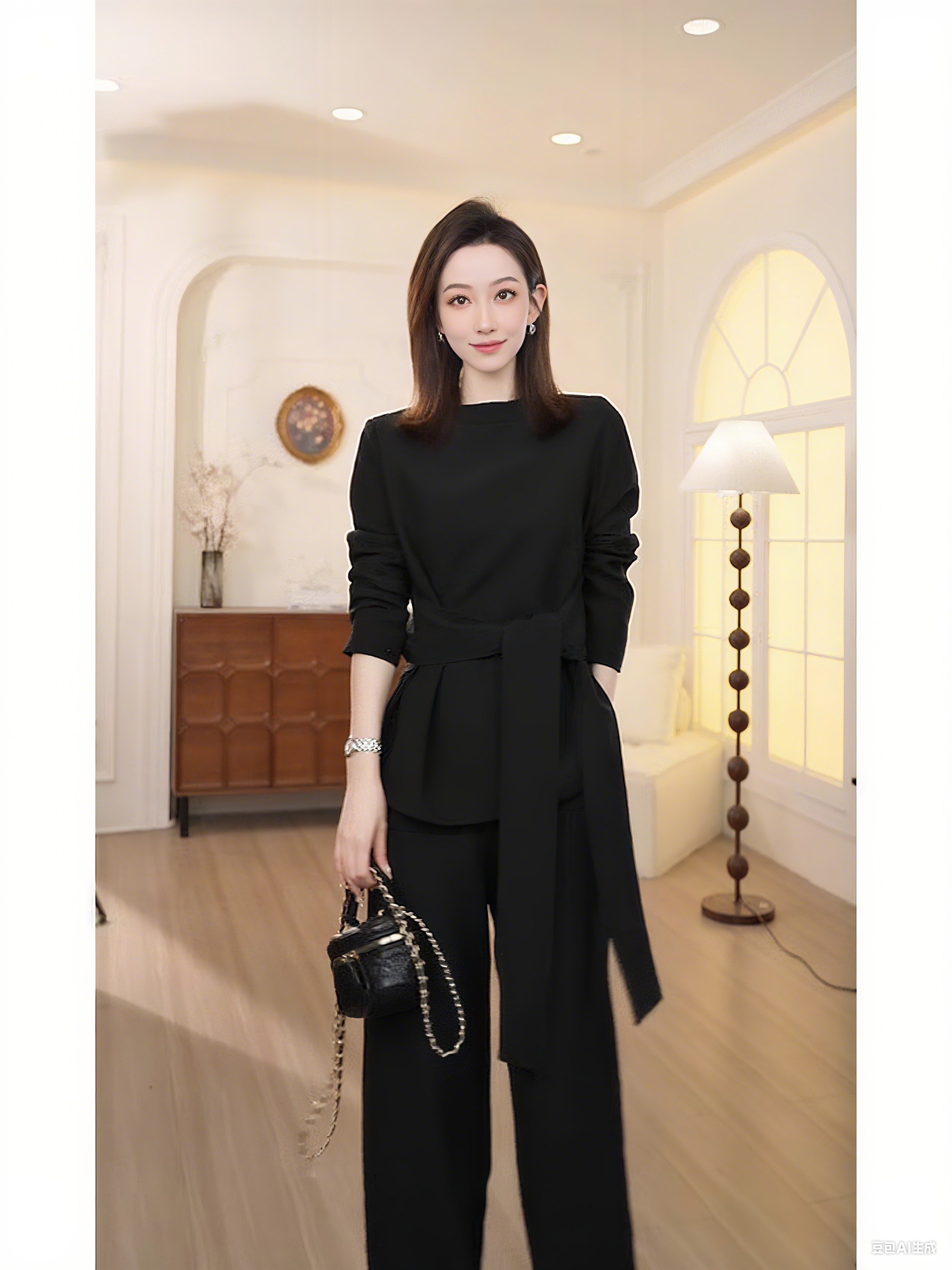 大码高级感时尚休闲套装女秋季胖妹mm气质减龄系带上衣长裤两件套