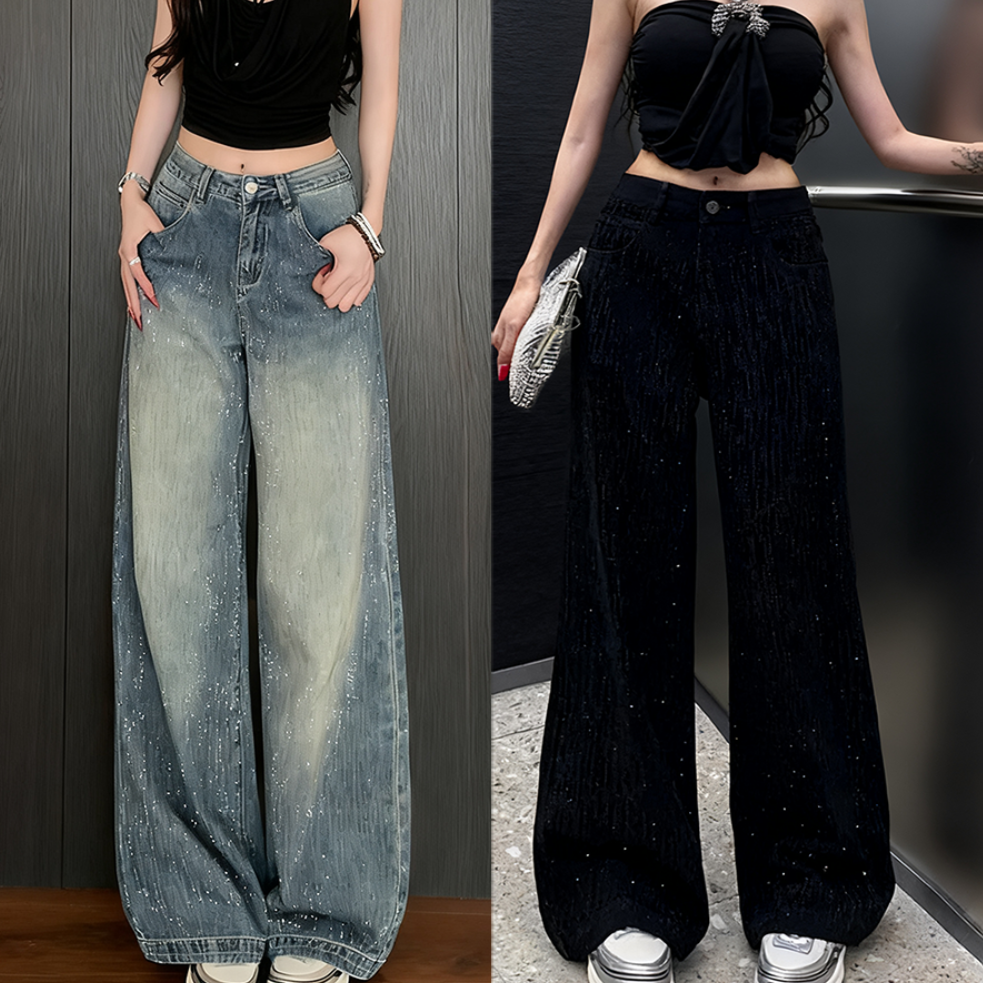 新款百搭时尚休闲重工烫钻加绒/单料牛仔满天星阔腿裤b2027/2069