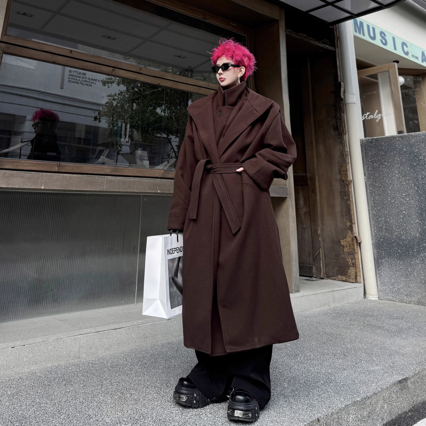 冬季暗黑复古加厚毛呢大衣男中长款小众假两件拼接设计感过膝外套