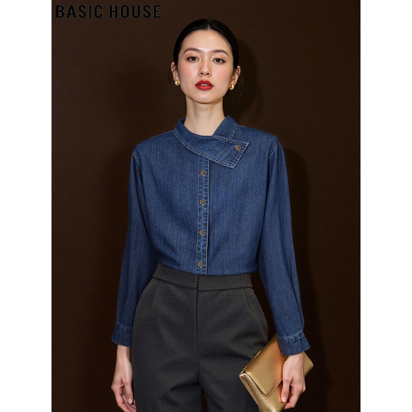 Basic House/百家好复古叠穿交叉领牛仔衬衫女2025秋冬设计感外套