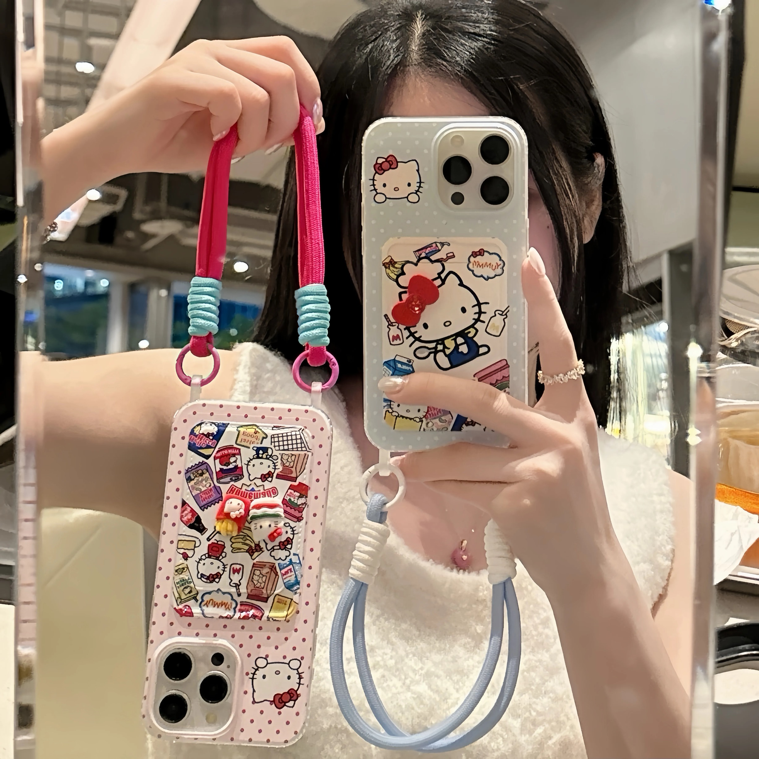ins波点卡通零食凯蒂猫卡包短绳手机壳适用苹果华为vivo小米oppo