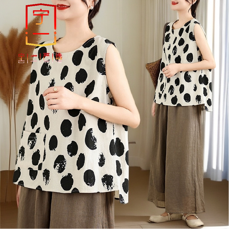 【宁一女装】时尚洋气显瘦棉麻大码背心中老年妈妈装宽松遮肚口袋女