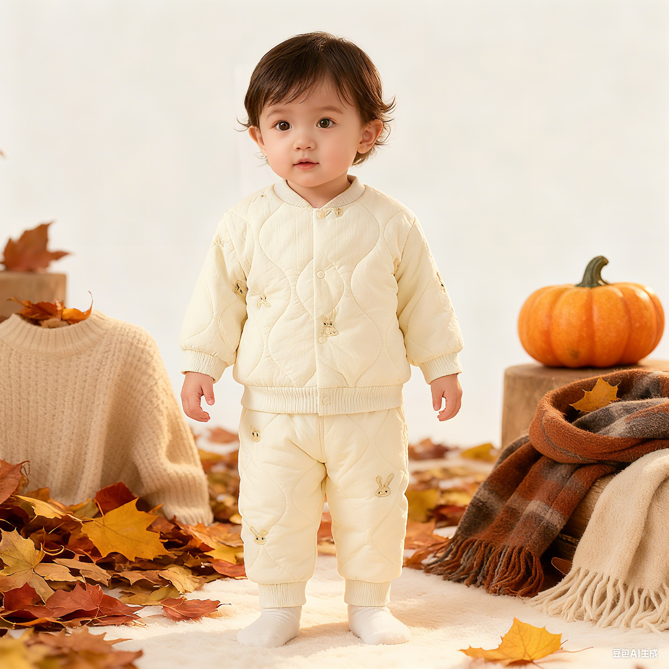 婴儿冬季加绒加厚保暖套装婴幼儿轻盈无压感舒适宝宝居家外出装