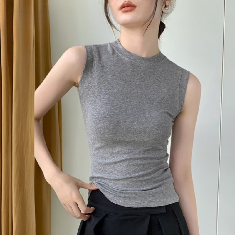 浪莎T恤2025早秋背心灰色女遮副乳圆领西装内修身打底衫无袖