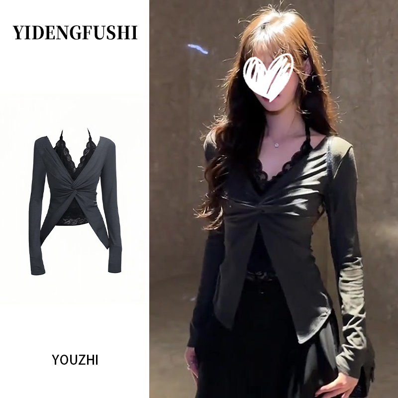 法式纯欲假两件蕾丝拼接扭结长袖T恤女秋季收腰打底辣妹挂脖上衣