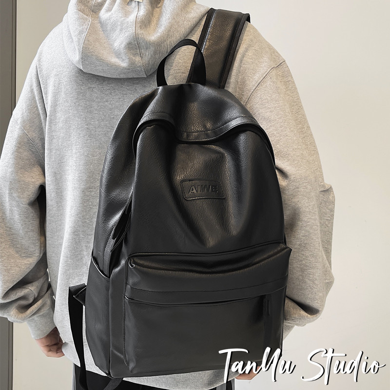 探屿书包女ins风 韩版大学生背包森系高级感PU皮潮酷百搭双肩包男