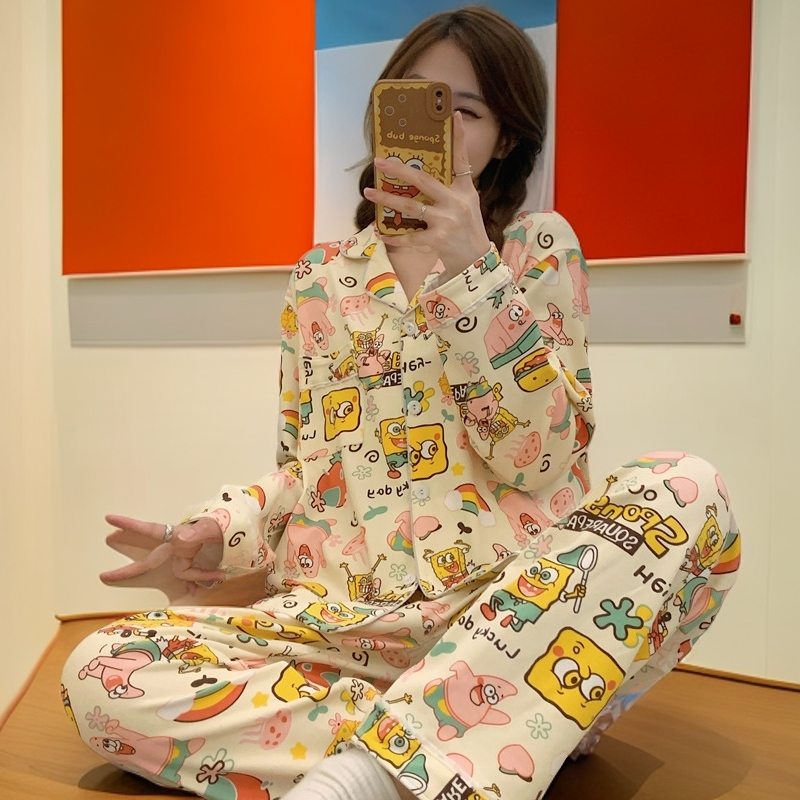 卡通风网红海绵宝宝派大星组合夏季牛奶丝长袖长裤两件套套装春夏