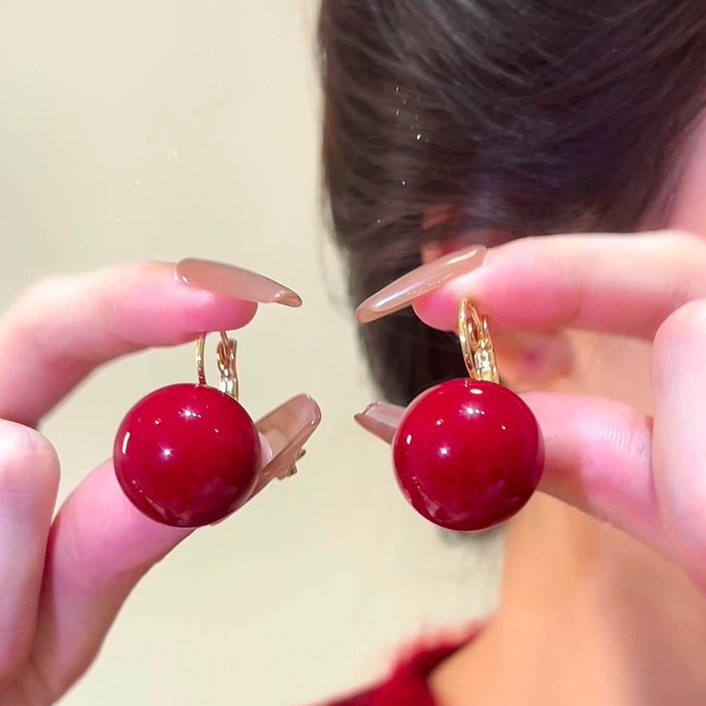 铜合金耳饰 港风复古夸张红色时尚耳环耳扣式小众独特设计高级感