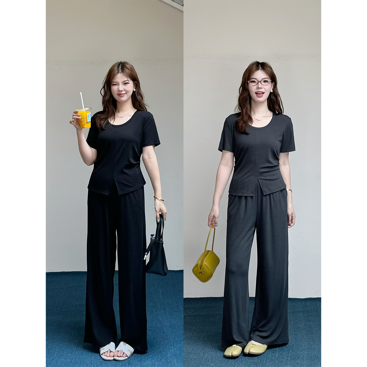 裂渡宣宣【显瘦天菜】微胖大码女夏收腰T恤+慵懒休闲裤套装ZY505F58