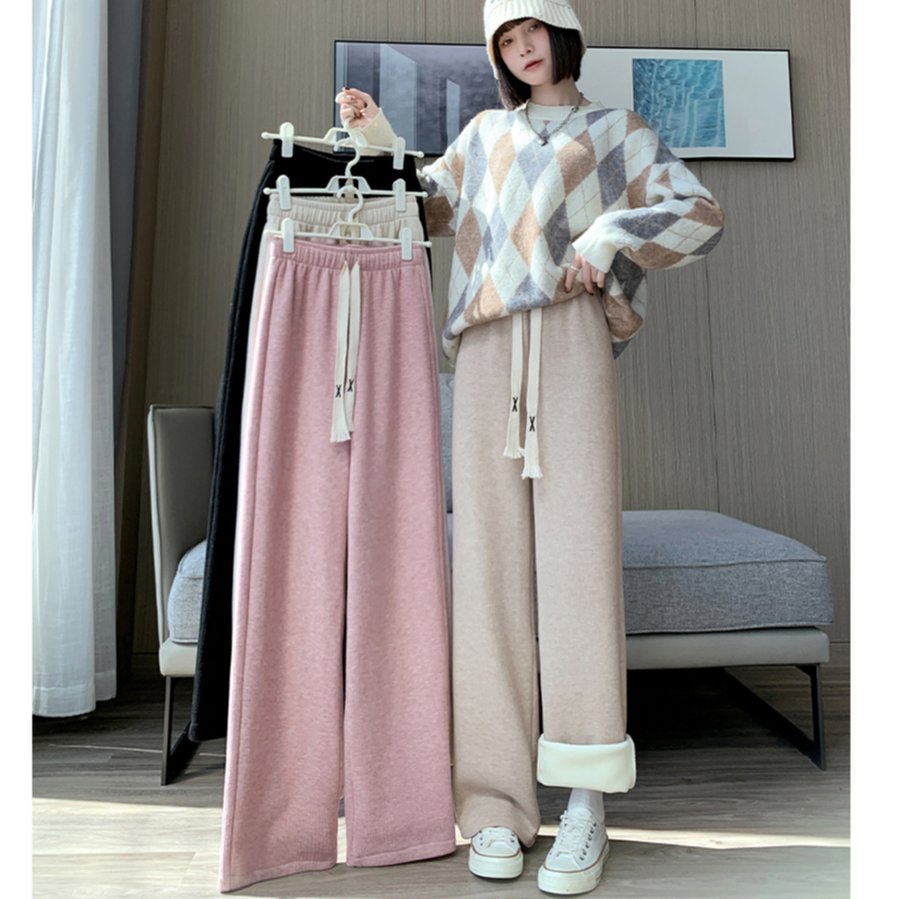 145韩系抽绳针织裤女秋冬小个子150加绒高腰垂感直筒休闲阔腿裤XS