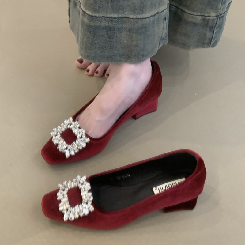 NQL-2029-28小单鞋2025丝绒面软底气质水钻方扣粗跟一脚蹬婚鞋女