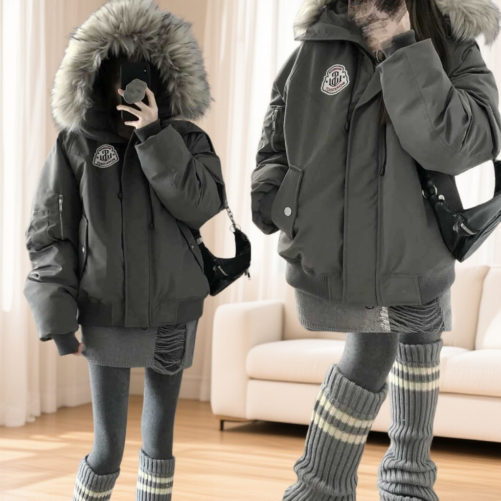 韩版加厚宽松耐磨冬季中长款字母保暖棉衣学生党户外外出新款外套