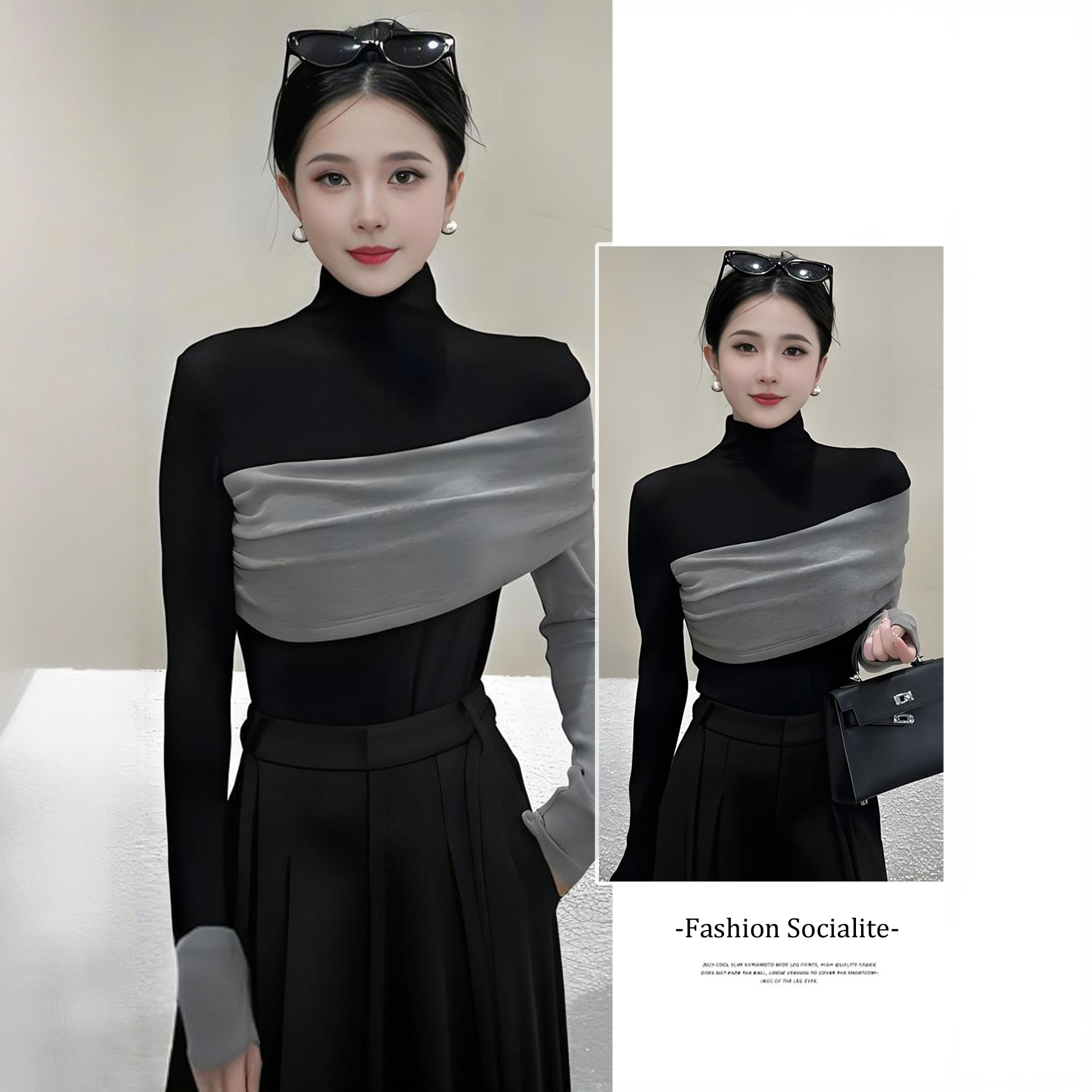 拉夏贝尔设计感时尚长袖T恤秋新款撞色半高领上衣修身打底衫