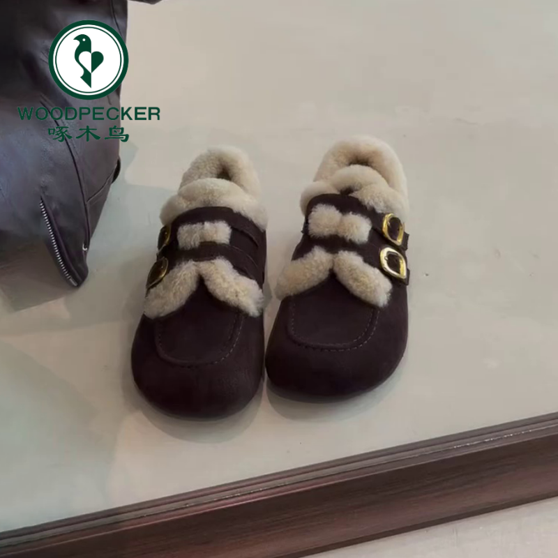 啄木鸟韩版厚底简约百搭圆头一脚蹬复古单鞋加绒秋冬新款勃肯鞋女
