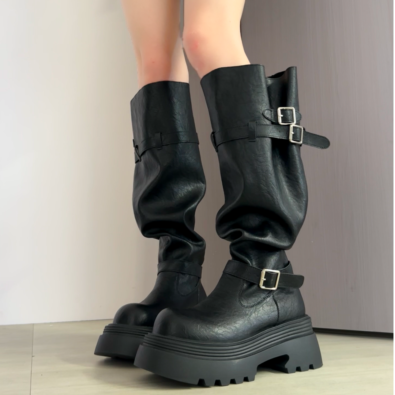 胖mm大筒围裤管靴女2025早秋新款厚底圆头增高堆堆靴大码长筒靴女