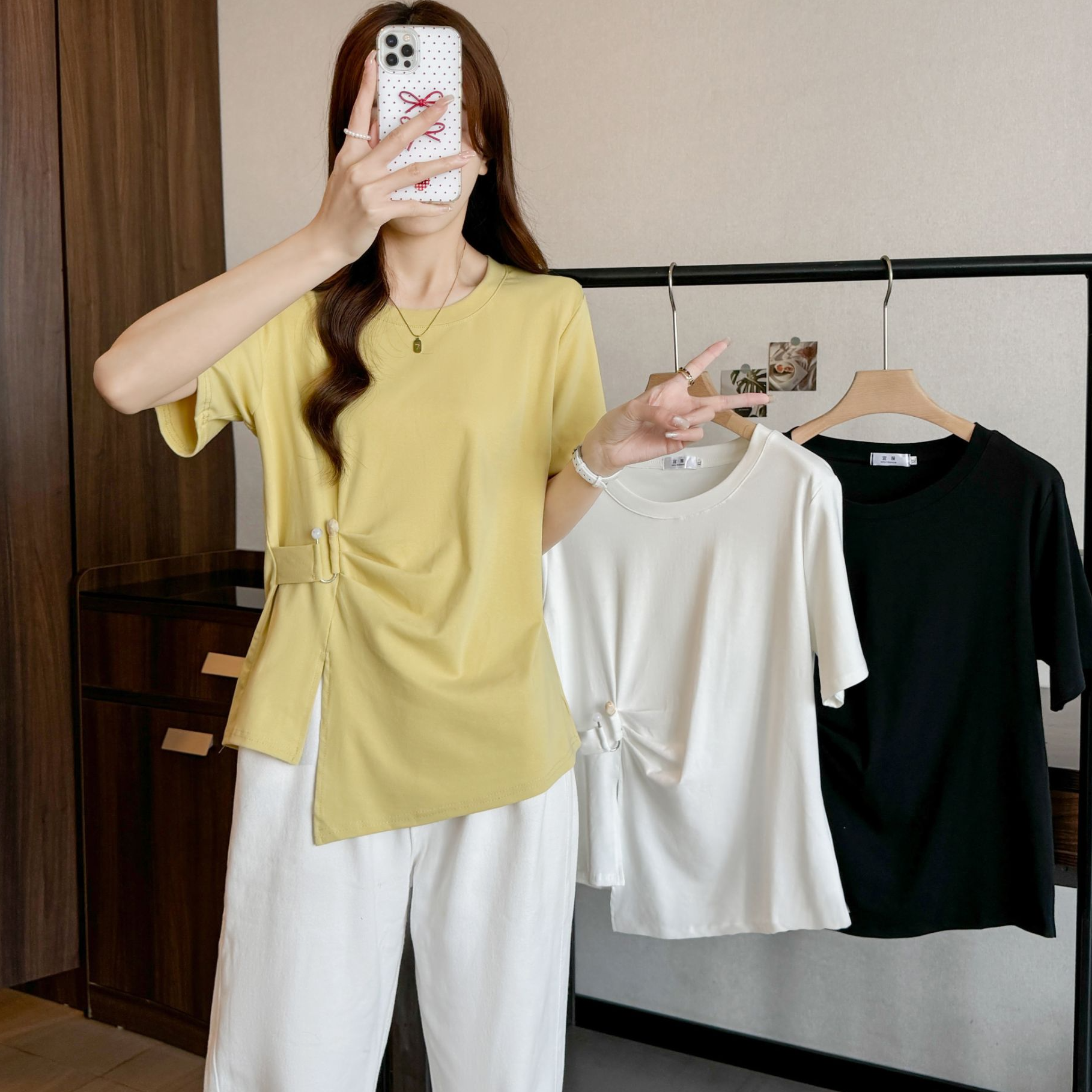 【心机T】U型立体收腰/不规则开叉下摆显瘦纯色女士T恤