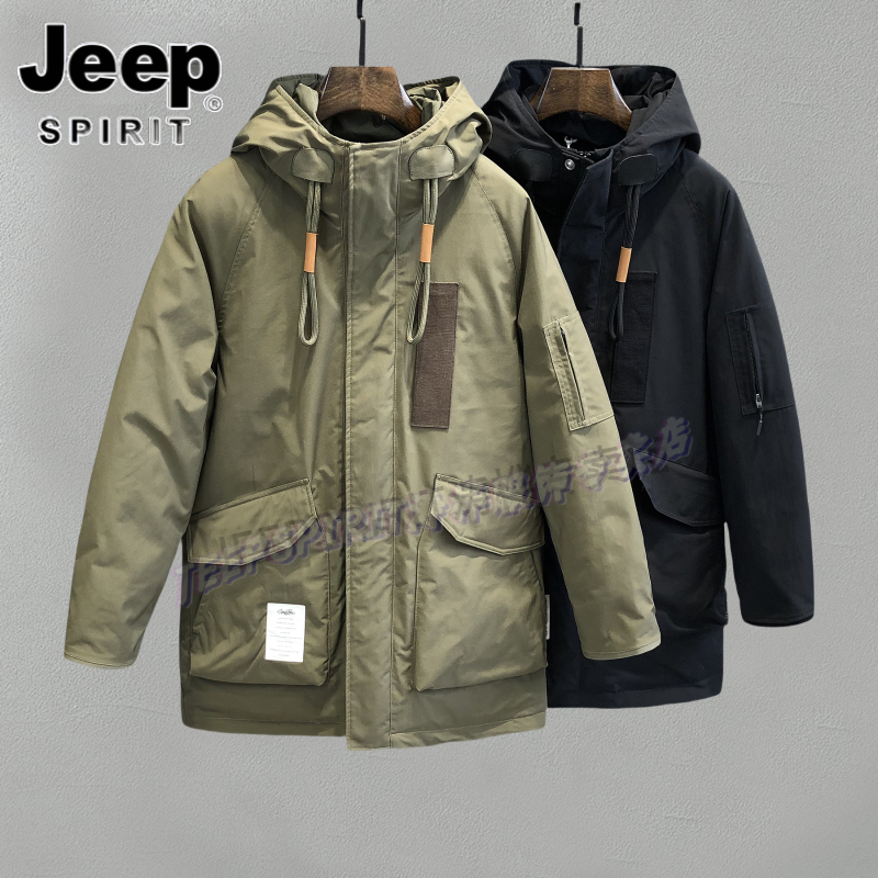 Jeep吉普潮牌军绿工装棉服加绒衣服男士中长款冬季加厚款保暖外套