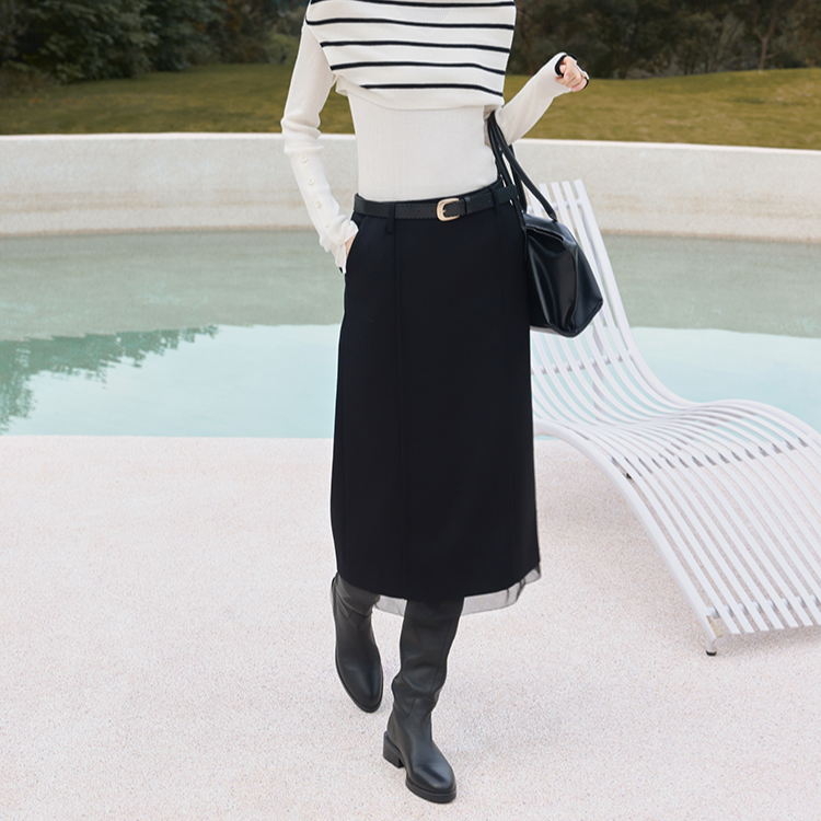 【JIEJI ZHANG】秋冬新款羊毛混纺高级感配腰带半身裙351002