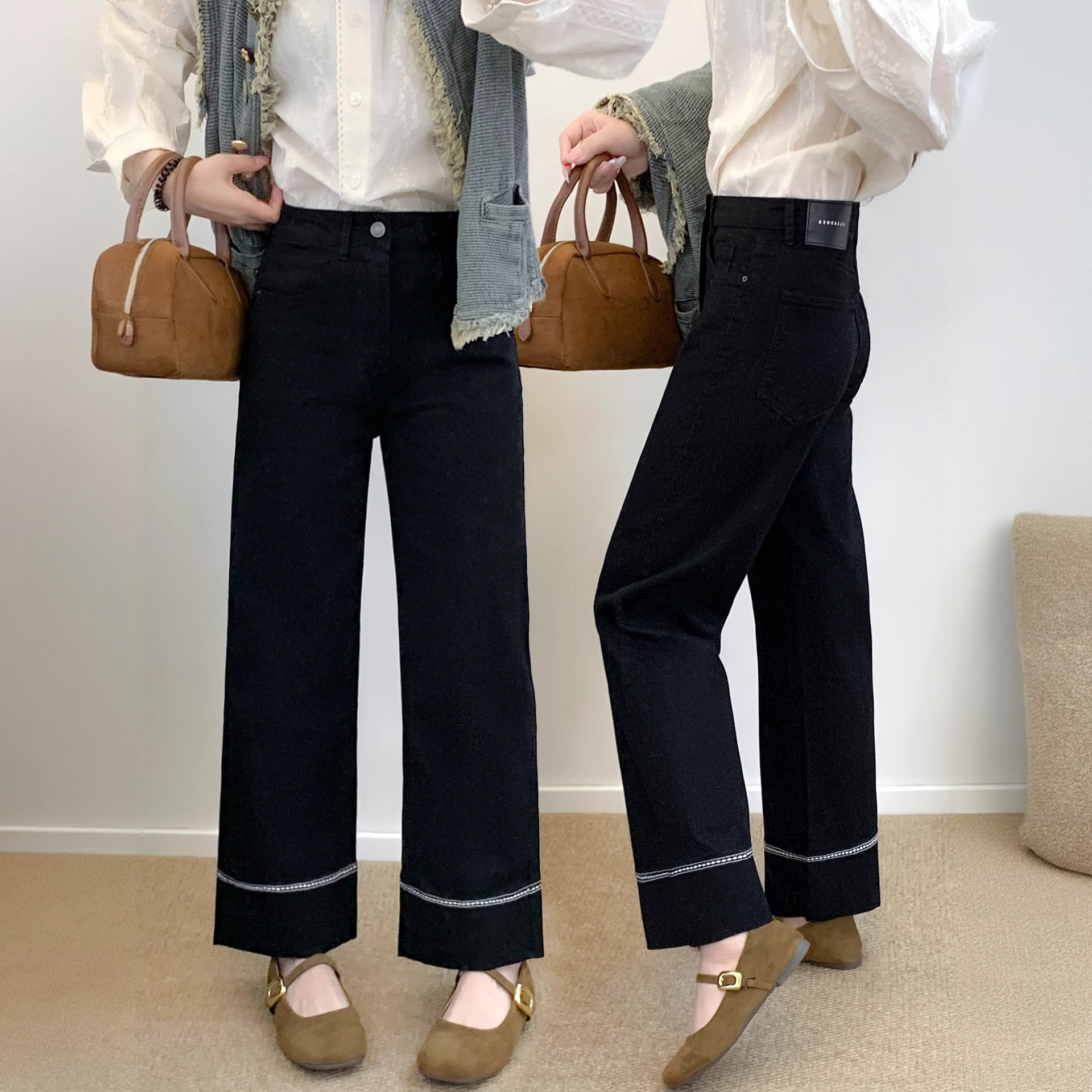 秋冬新款加绒弹力直筒牛仔裤大码女装高腰宽松显瘦黑色9分阔腿裤