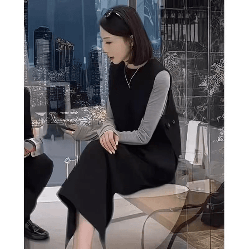 2025早秋新款时尚显瘦气质高级感无袖马甲长袖打底半身裙三件套装
