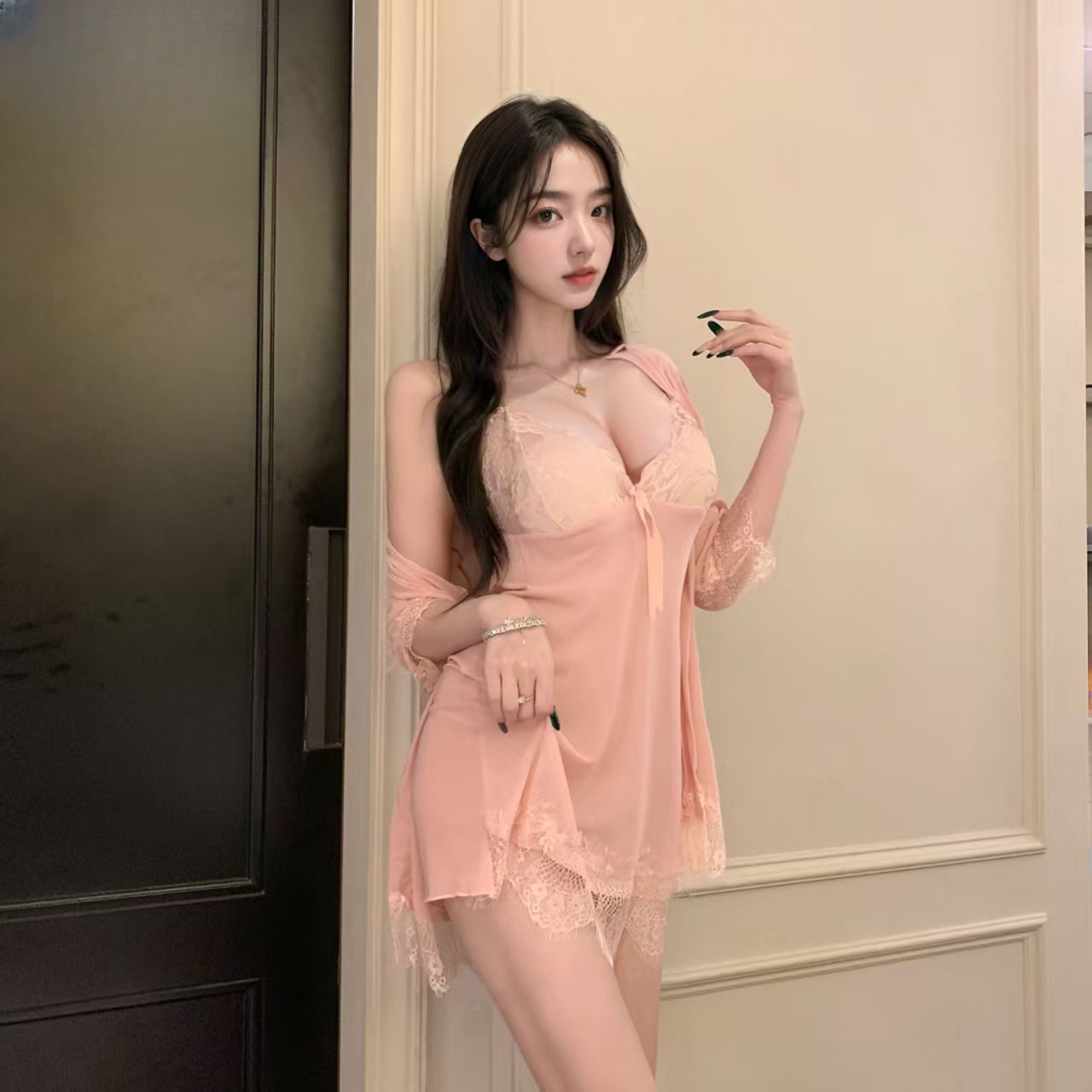 维纳斯Mimi纯色短袖薄款吊带女四季通用睡裙长袖露背甜美镂空