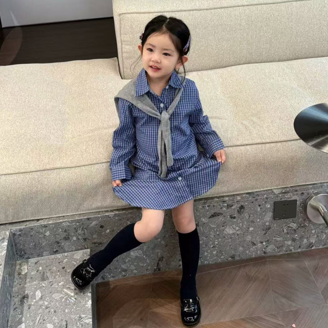 《现货》女童2025春夏儿童韩版学院休闲披肩翻领格子衬衫连衣裙