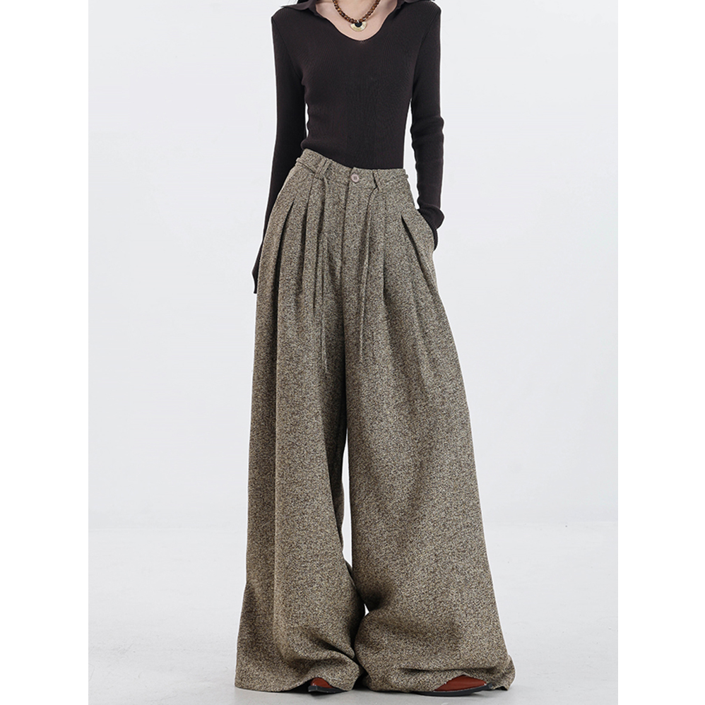 秋冬新款高腰显瘦毛呢阔腿裤女时尚百搭慵懒垂感休闲拖地长裤