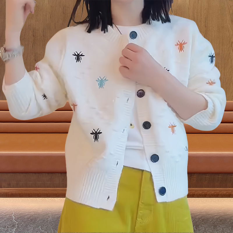 韩版超好看2025秋冬刺绣彩色蜜蜂针织开衫欧货宽松气质长袖上衣女