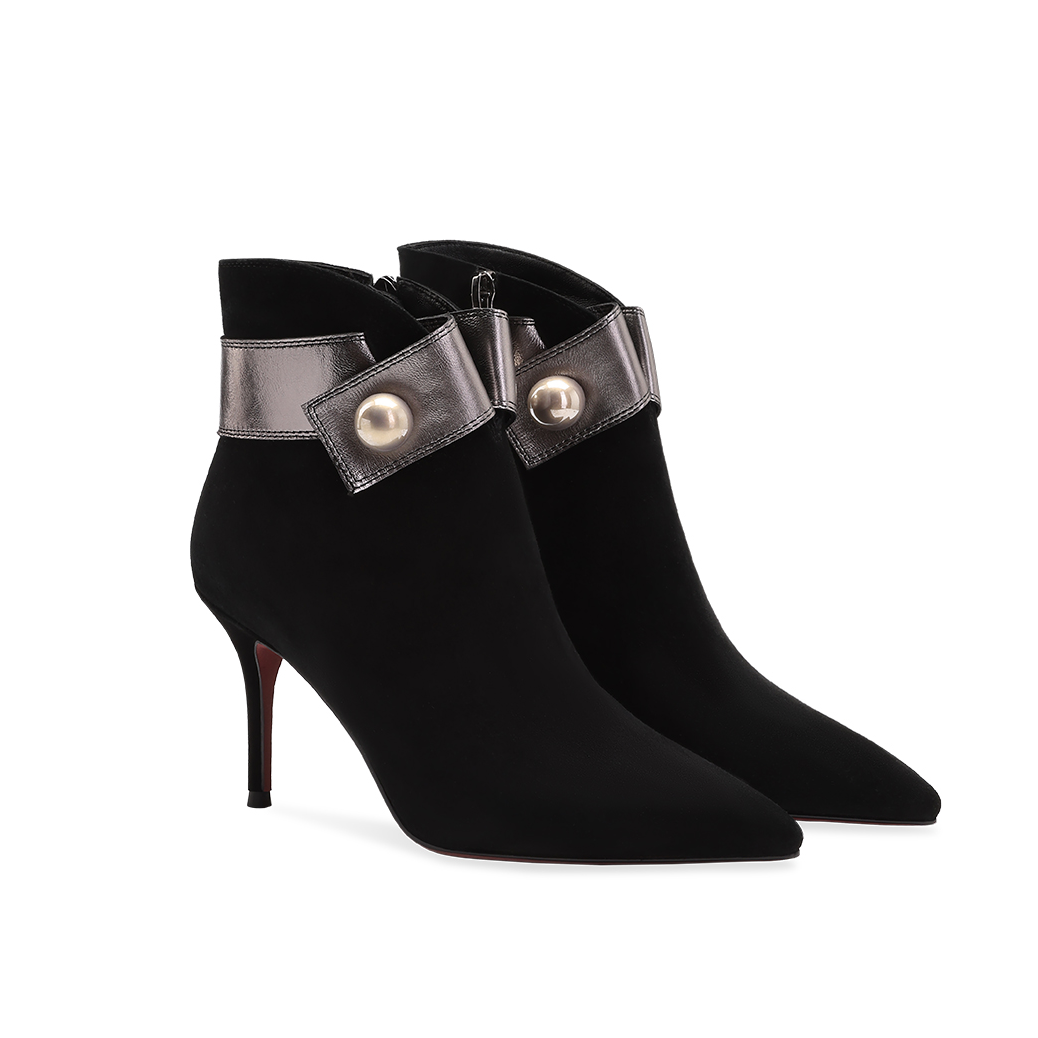 高档舒适时尚百搭气质7.5cm秋冬系列尖头高跟轻奢短靴黑色时装靴