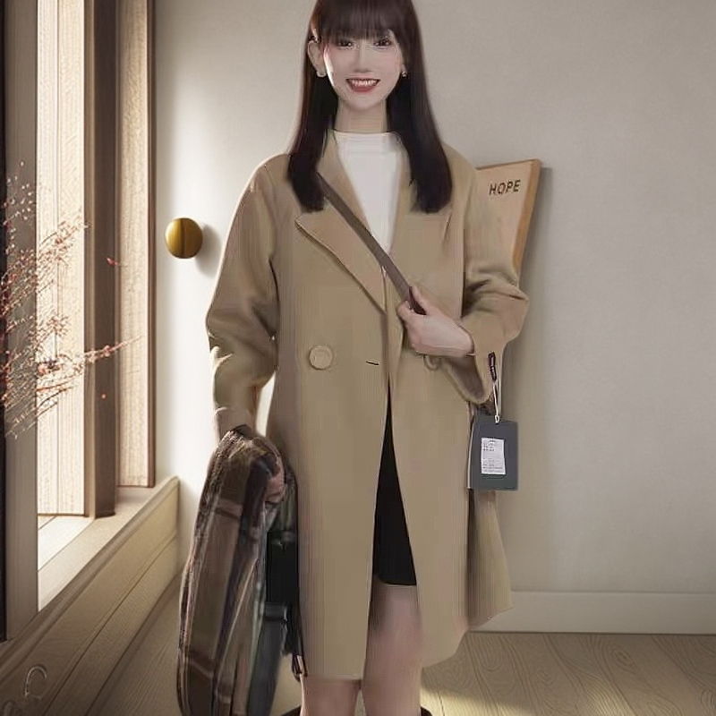 网红爆款秋冬新款秋冬年轻双面绒大衣女小个子版中长款气质大衣呢