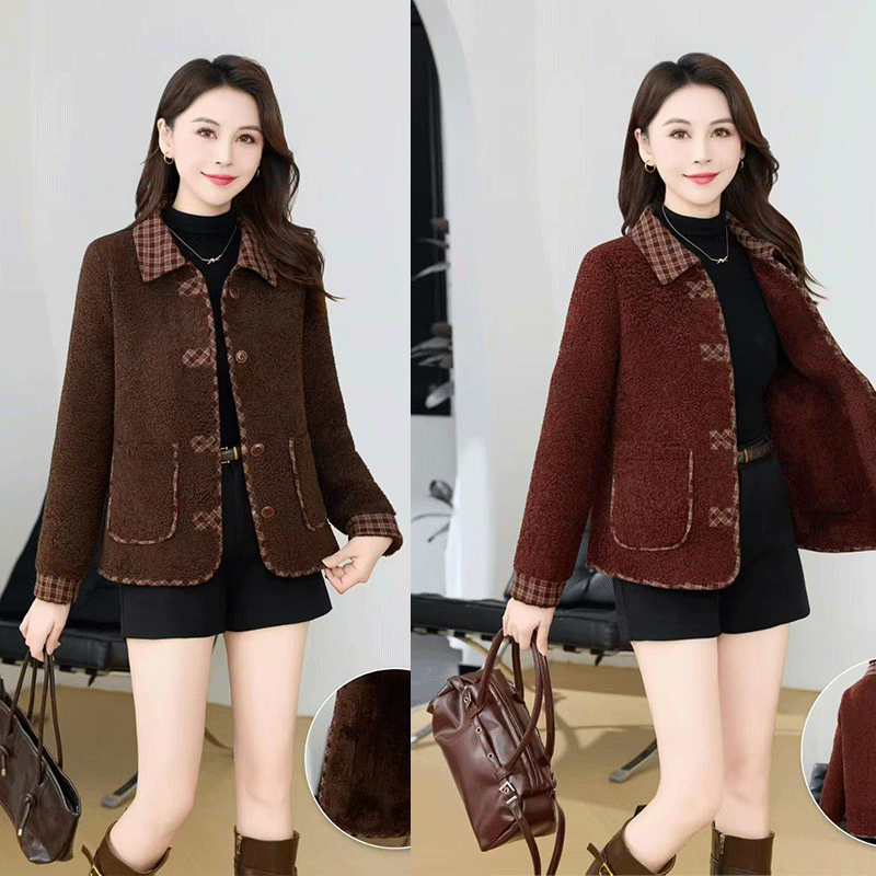 中老年厚款格子拼接翻领短外套女2025冬季新款纯色时尚百搭上衣潮