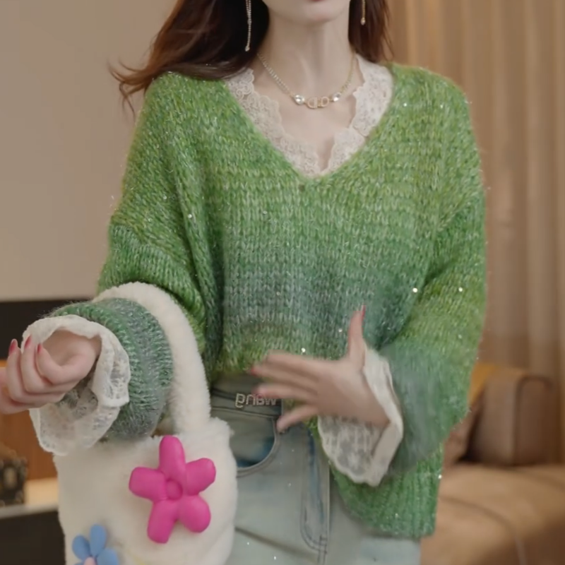 慵懒风V领扎染宽松针织上衣法式复古蕾丝衫LK2507042