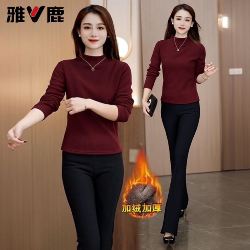 雅鹿加绒加厚半高领打底衫2025冬季修身显瘦内搭百搭保暖