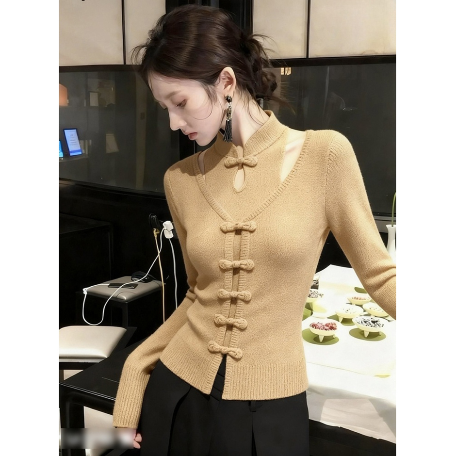 【现货】秋季高级感超好看独特别致绝美软糯新中式卡其色国风针织衫