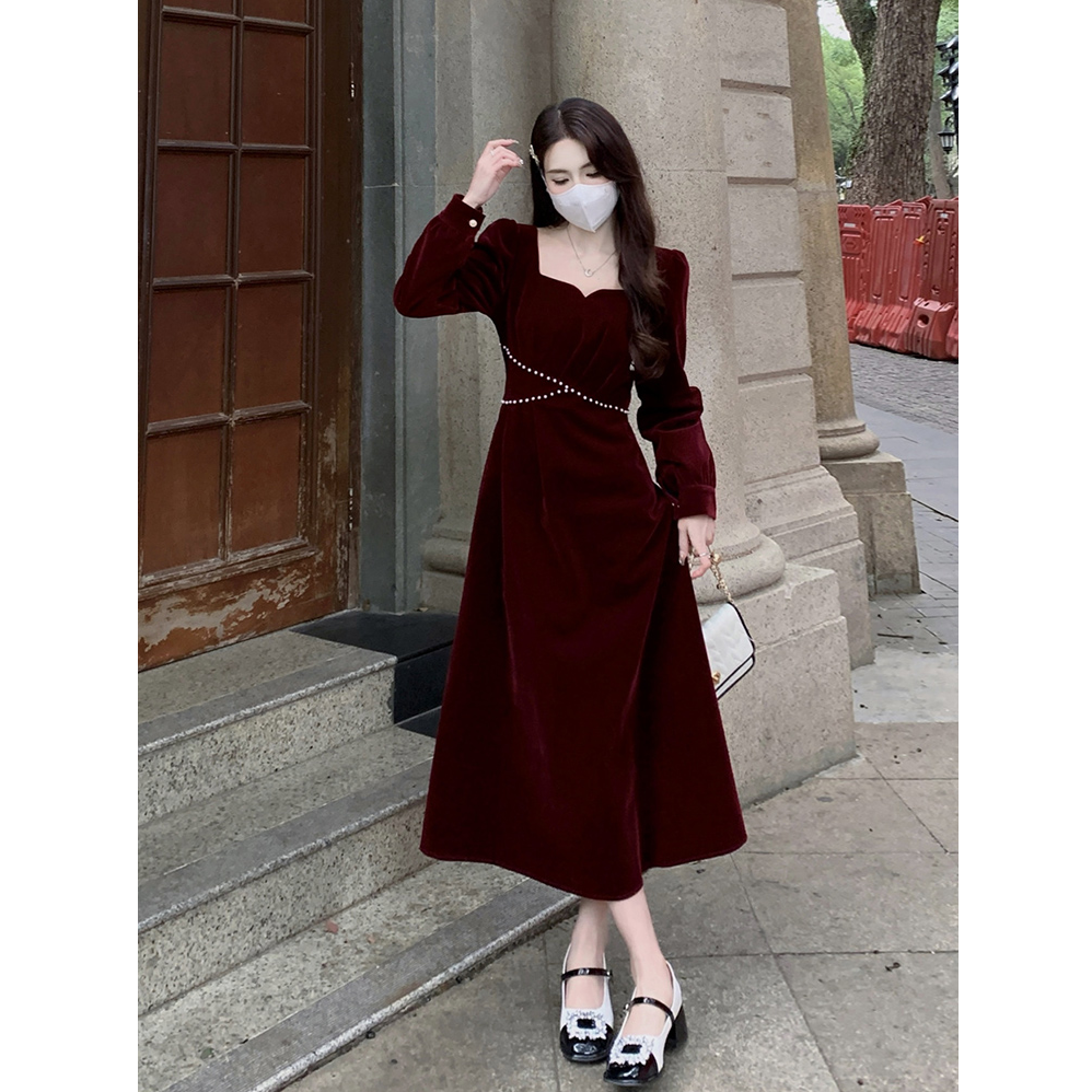 现现款订婚晚宴礼服长裙微胖mm收腰显瘦方领法式连衣裙W0018C