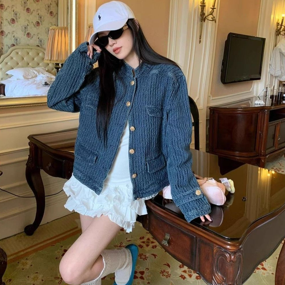 牛仔小香风外套女装秋季宽松小众肌理感立领蓝色夹克百搭气质上衣