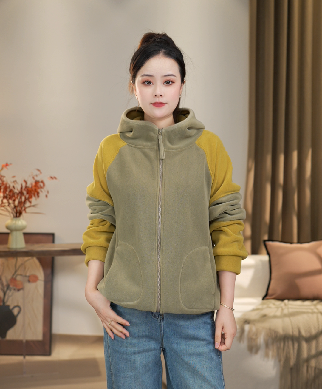 【沐沐】冬季加绒加厚时尚休闲百搭双面澳粒绒拼色保暖连帽厚外套