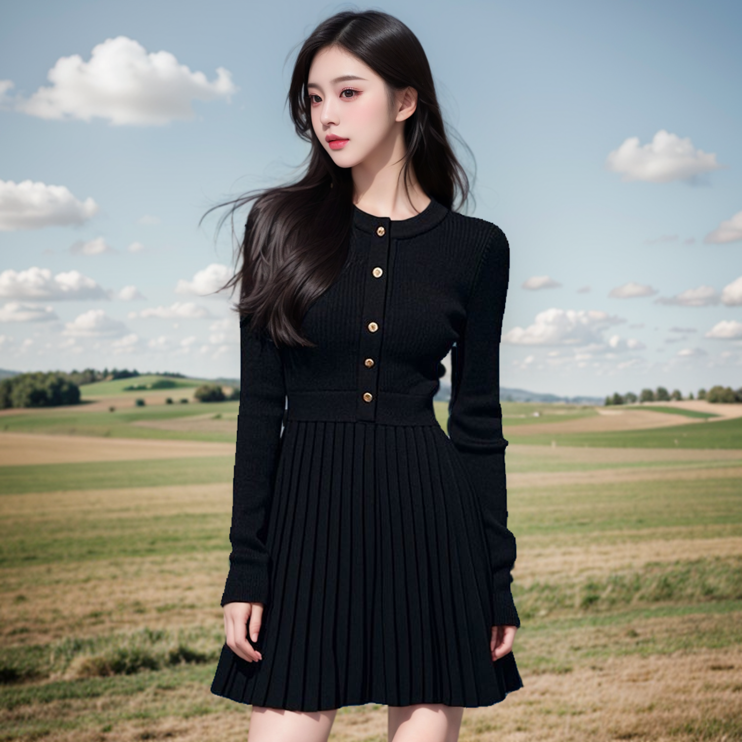 法式高级感针织连衣裙秋冬新款收腰显瘦设计感单排扣百褶a字短裙