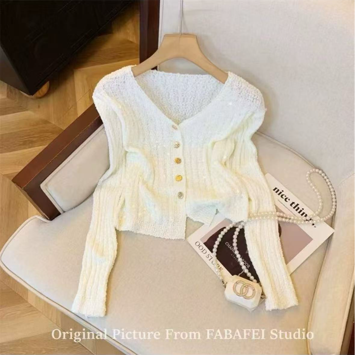 小香风轻奢亮片针织开衫女亮闪闪V领薄毛衣外套长袖早春chic上衣