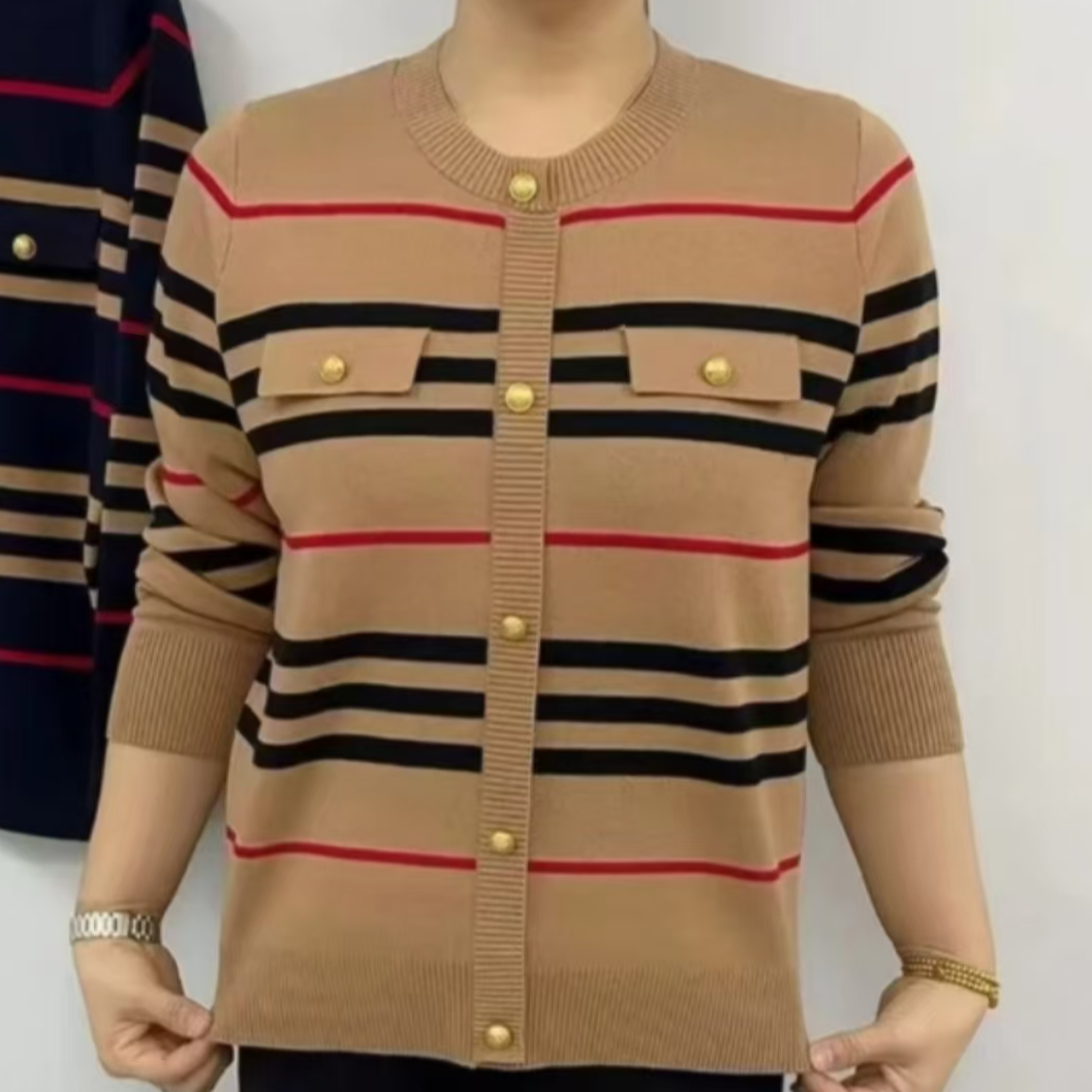 春秋款百搭条纹女装针织衫2025新款宽松休闲气质减龄中老年妈妈装