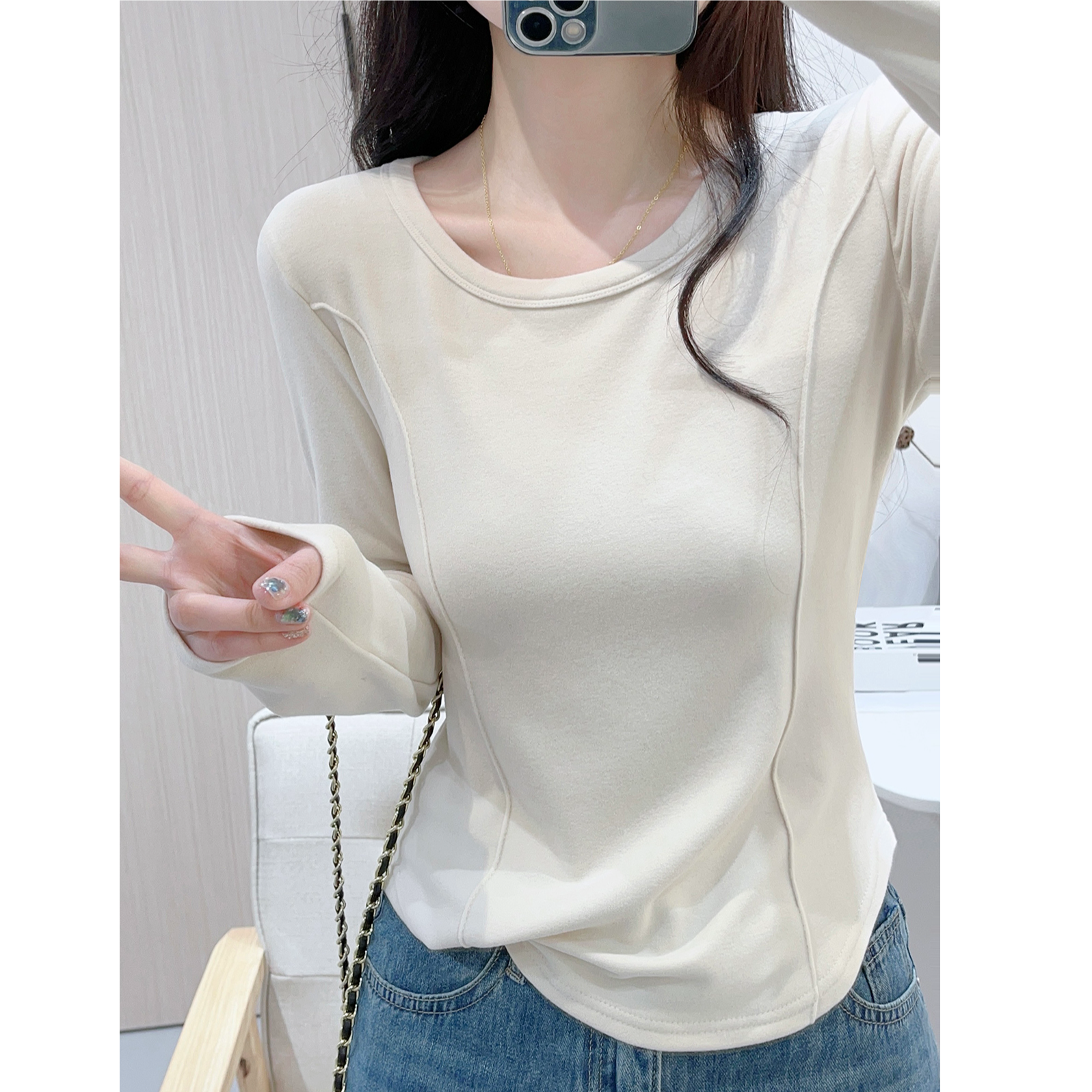 优质版U领双面磨毛加厚打底衫女秋冬通勤穿搭短款内搭长袖T恤上衣